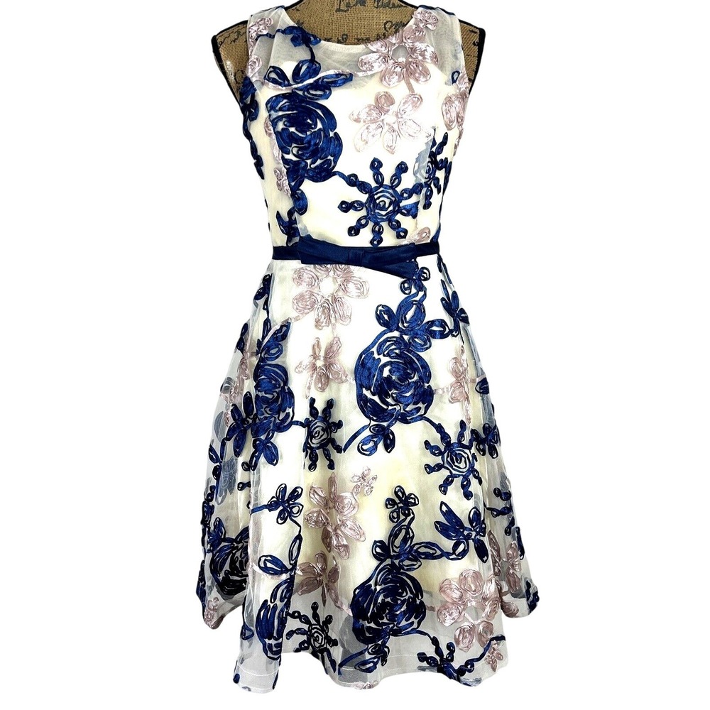 METISU Dress XS Cream Blue Beige Ribbon Chiffon Pleat Fit‎ Flare Lace Romantic